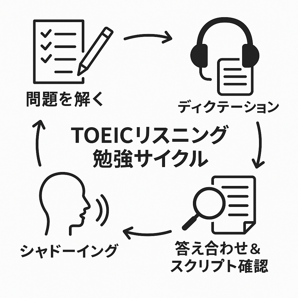 TOEICリスニング勉強サイクル
問題を解く→ディクテーション→答え合わせ&スクリプト確認→シャドーイング